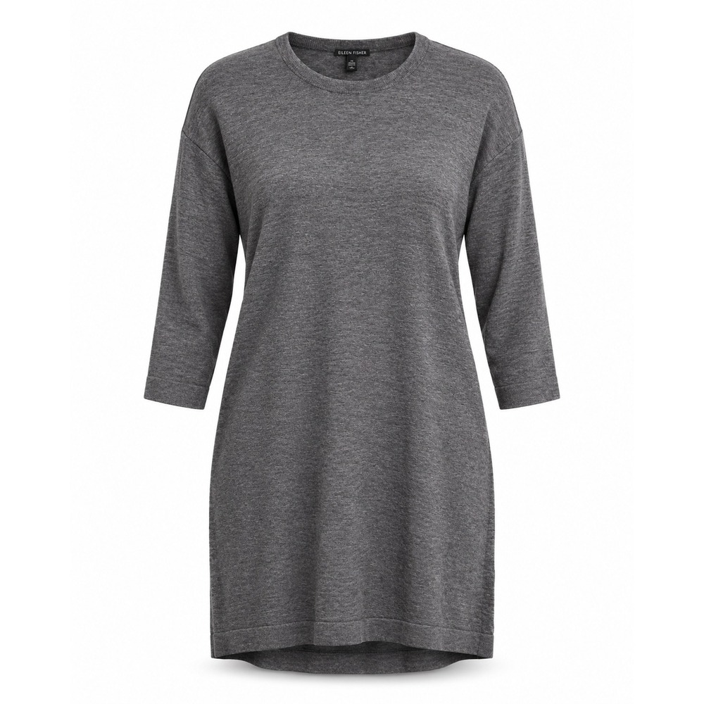 Eileen Fisher Tunic Dress Medium Gray Merino Wool Alpaca Blend 3/4 Sleeve Tencel